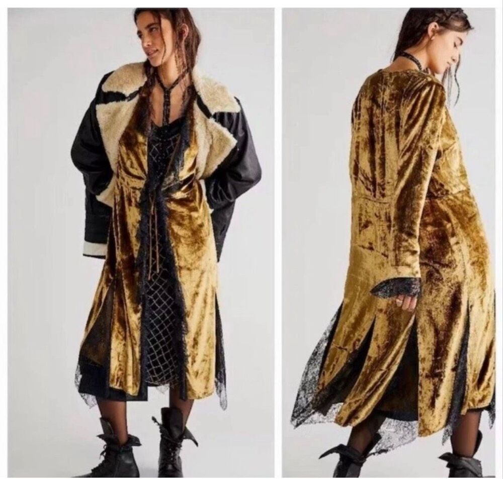 Free People Raveen Duster Small Crushed Gold Velvet Black Sheer Romantic Steampu